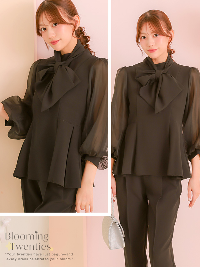 袖シアー長袖ボウタイリボンペプラムパンツセットアップのイメージ画像2
