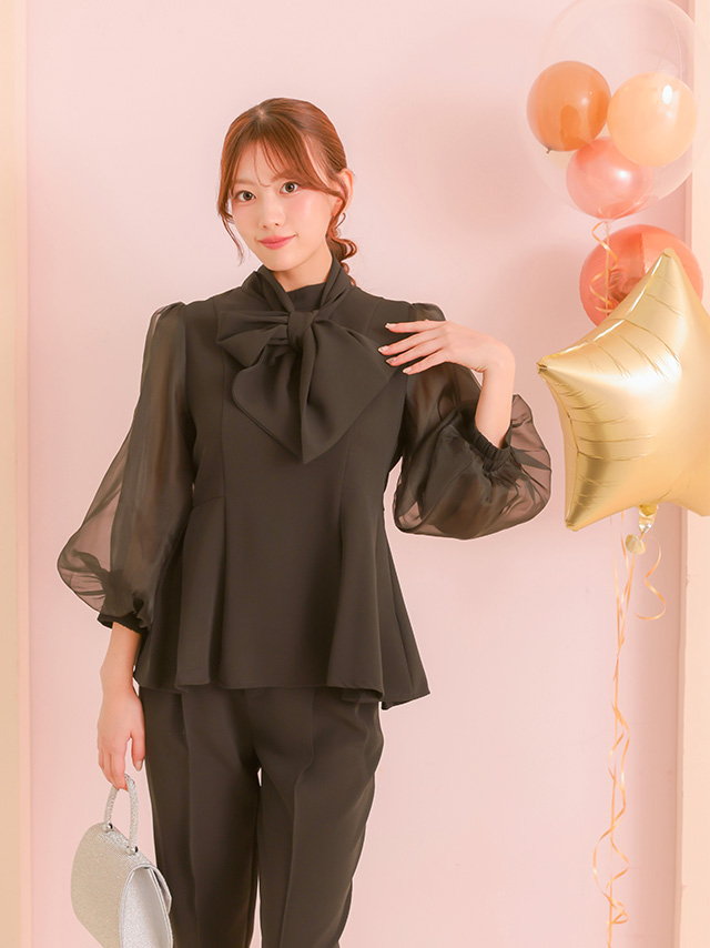 袖シアー長袖ボウタイリボンペプラムパンツセットアップのイメージ画像3