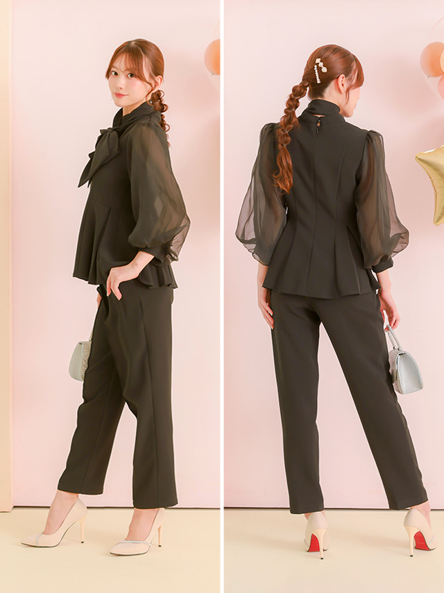 袖シアー長袖ボウタイリボンペプラムパンツセットアップのサイドバッグ全身