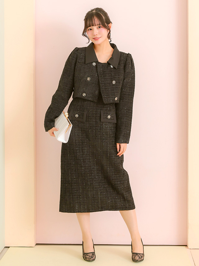 ラメ入りツイードショート丈ジャケットスーツのフロント画像
