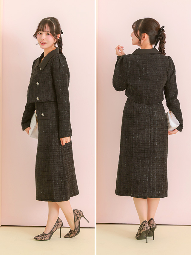 ラメ入りツイードショート丈ジャケットスーツのサイドバック画像