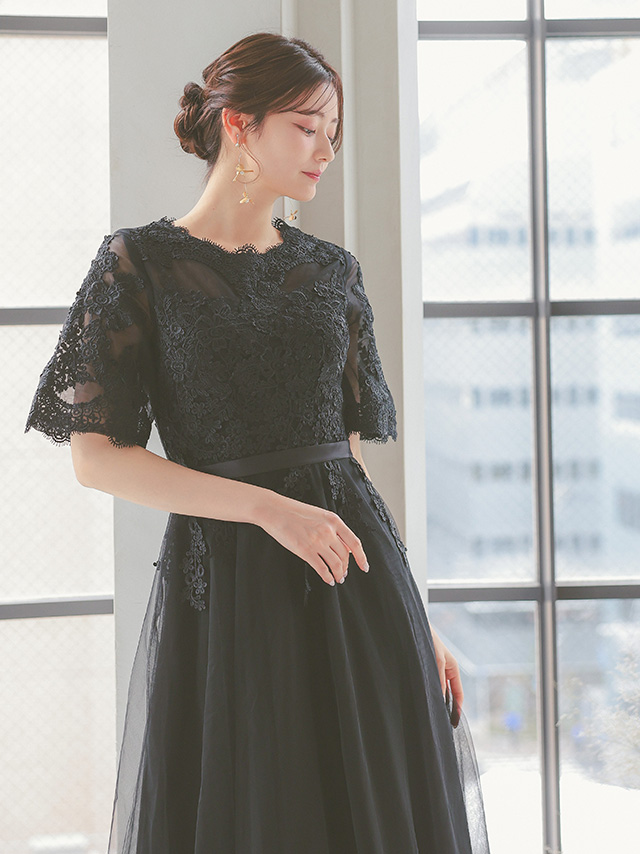 シースルー×刺繍レースシフォンスカートロング丈ワンピースパーティードレスのイメージ画像4
