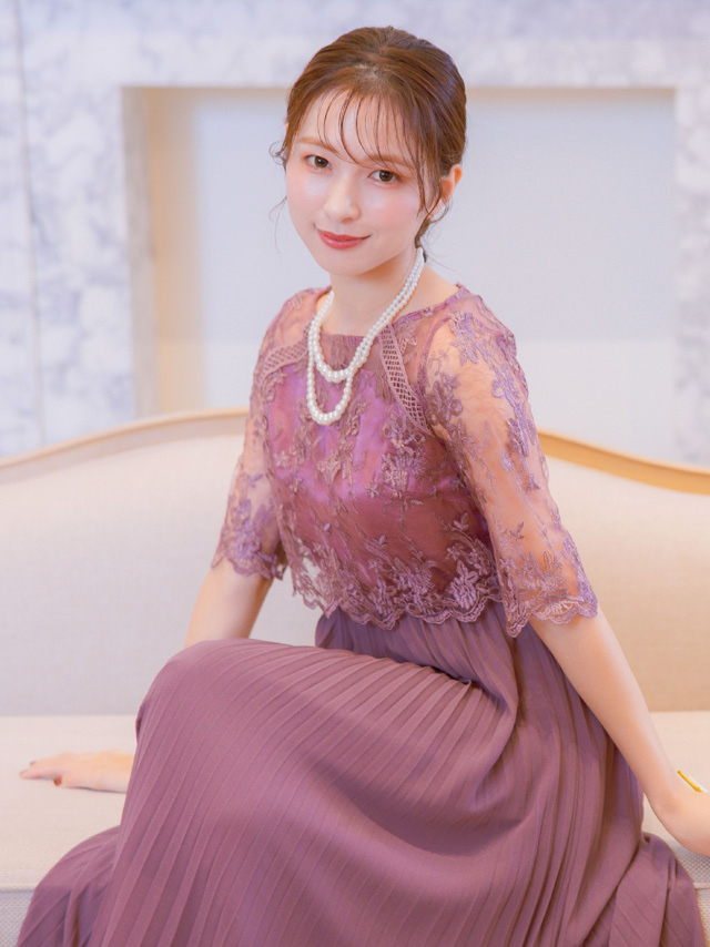 花柄チュール刺繍五分袖プリーツロングスカートパーティードレスのイメージ画像3