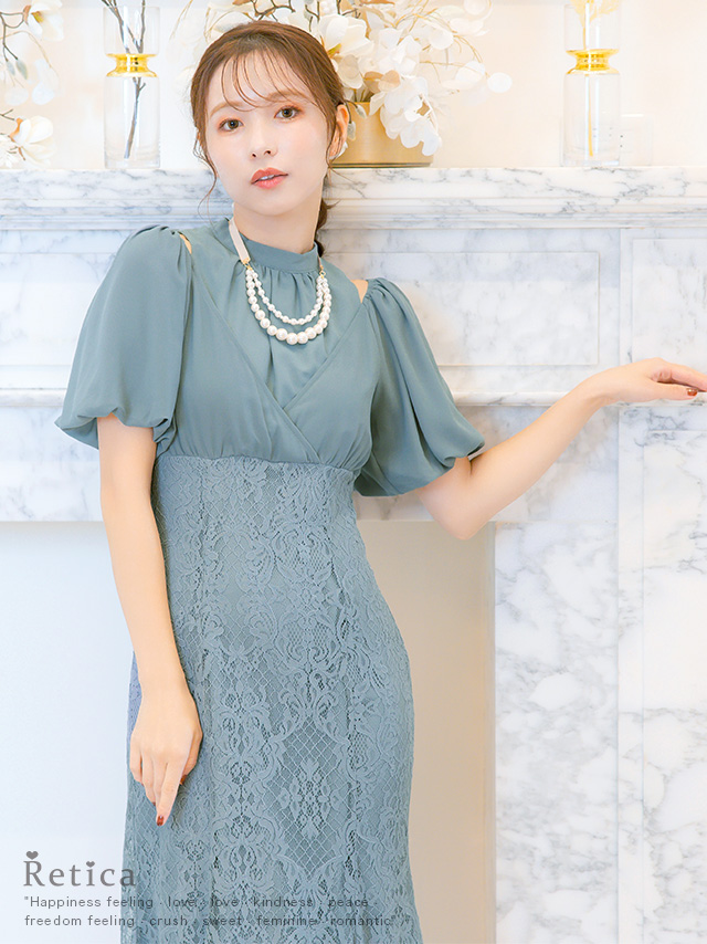 ショルダーカットふんわり袖カシュクールミモレ丈ワンピースドレスのイメージ画像1