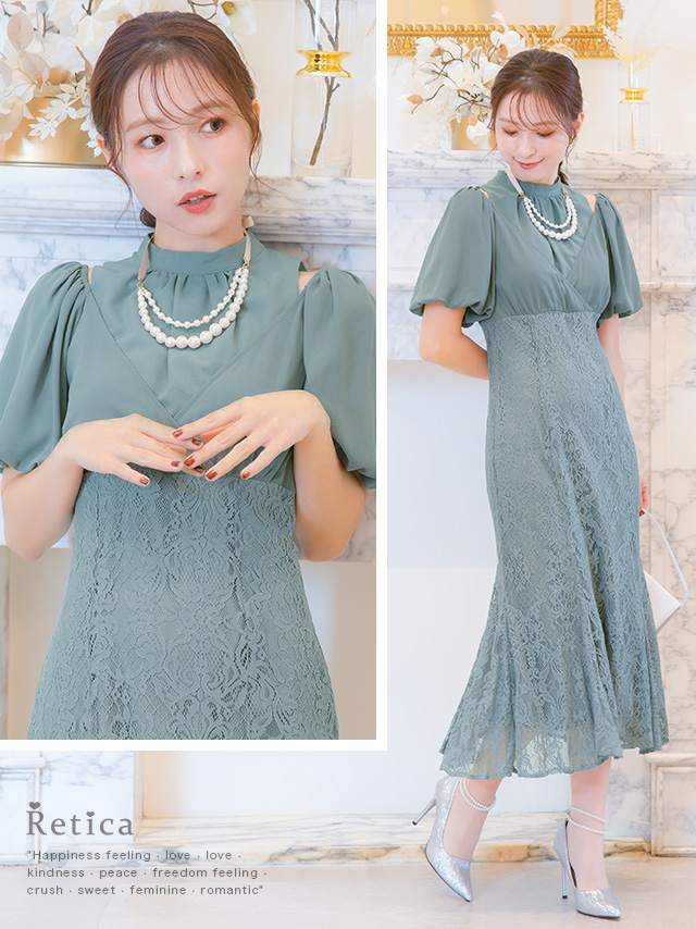 ショルダーカットふんわり袖カシュクールミモレ丈ワンピースドレスのイメージ画像2