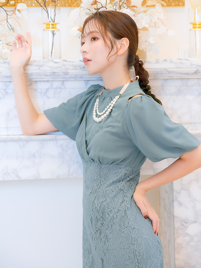 ショルダーカットふんわり袖カシュクールミモレ丈ワンピースドレスのイメージ画像3