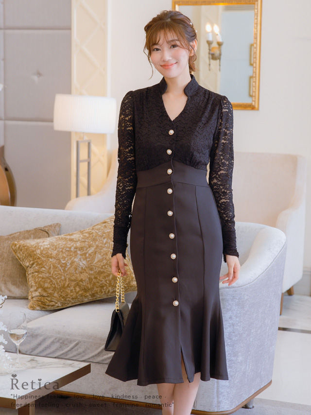 パールボタンレーススリーブマーメイドドレスのイメージ画像1