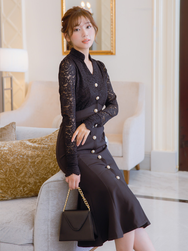 パールボタンレーススリーブマーメイドドレスのイメージ画像3