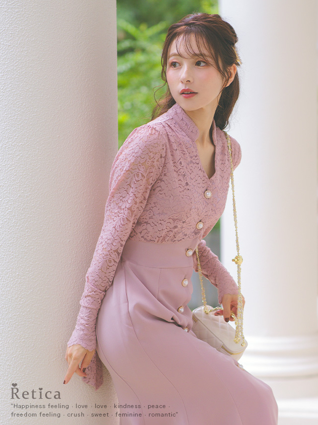 襟デザインレース長袖パールボタンミモレ丈ワンピースドレスのイメージ画像1