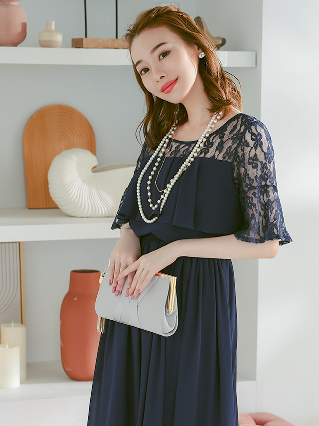 ラメなしレース素材 フリルデザイン シフォンロングワンピース 体型カバー パーティードレス 敏感肌対応 結婚式 二次会 お呼ばれ 大きいサイズ のイメージ画像3