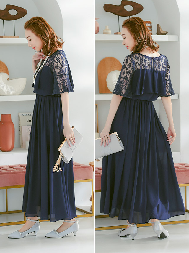 ラメなしレース素材 フリルデザイン シフォンロングワンピース 体型カバー パーティードレス 敏感肌対応 結婚式 二次会 お呼ばれ 大きいサイズ のサイドバック全身