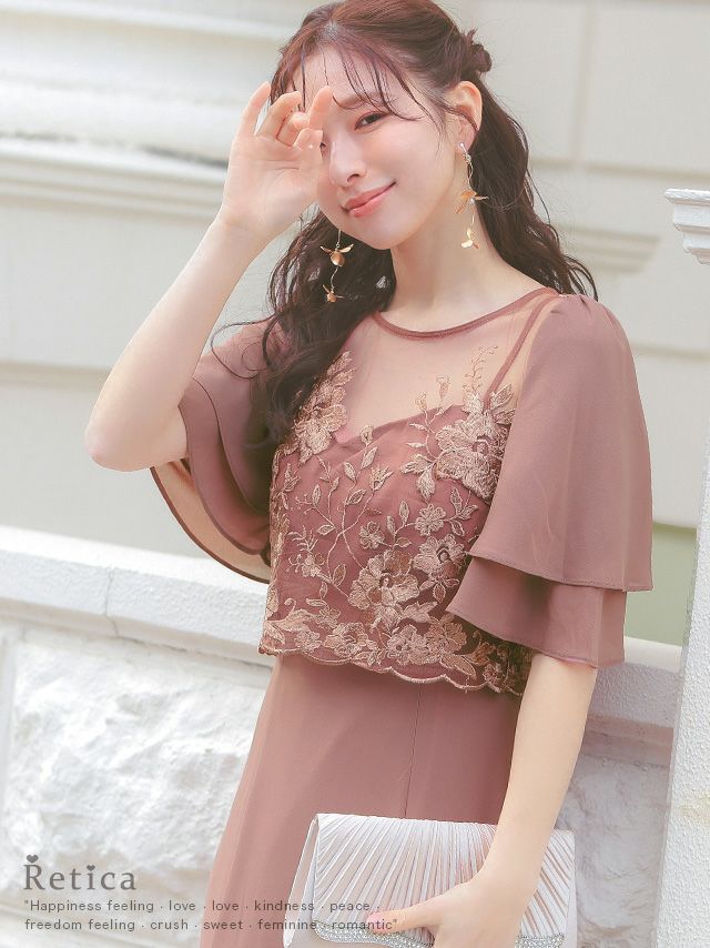 フラワー刺繍シフォンセミマーメイドワンピースパーティードレスのイメージ画像1