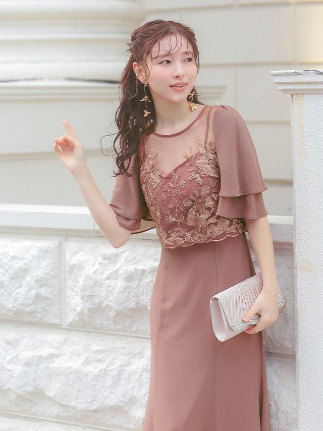 フラワー刺繍シフォンセミマーメイドワンピースパーティードレスのイメージ画像3