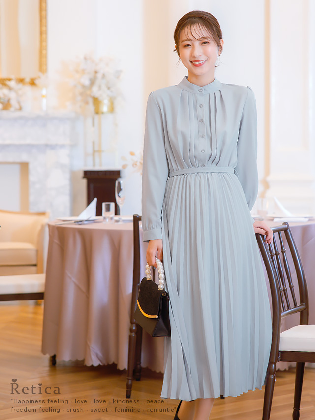 長袖プリーツスカートロング丈ワンピースドレスのイメージ画像1