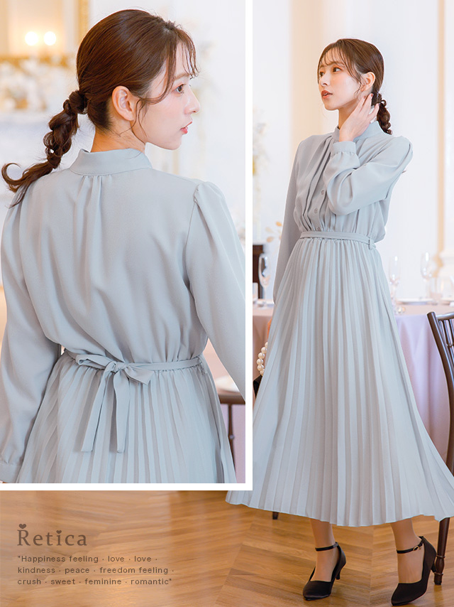 長袖プリーツスカートロング丈ワンピースドレスのイメージ画像2