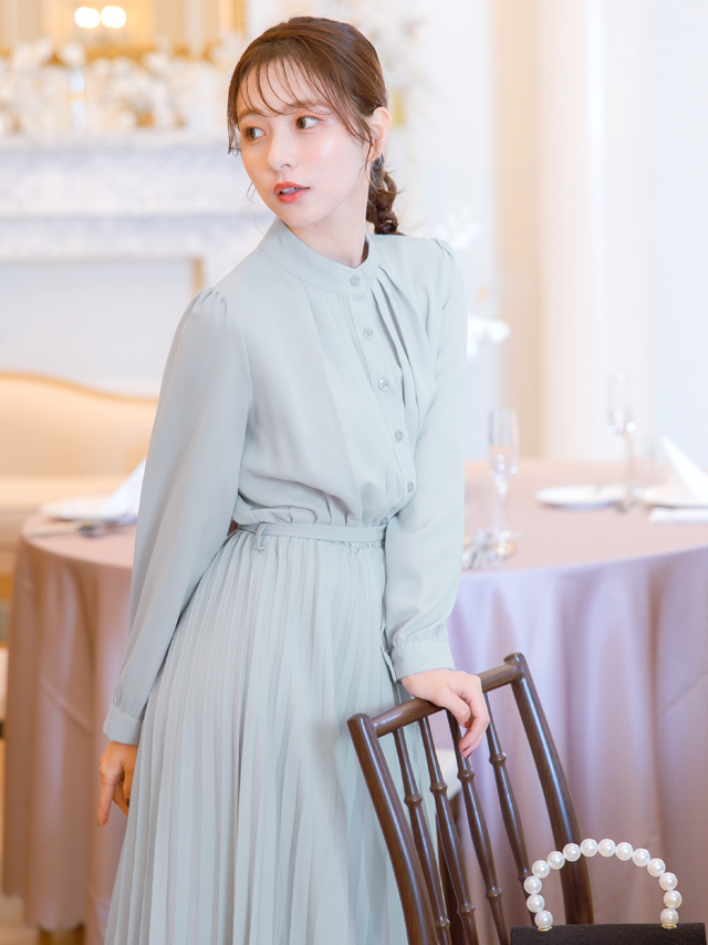 長袖プリーツスカートロング丈ワンピースドレスのイメージ画像3