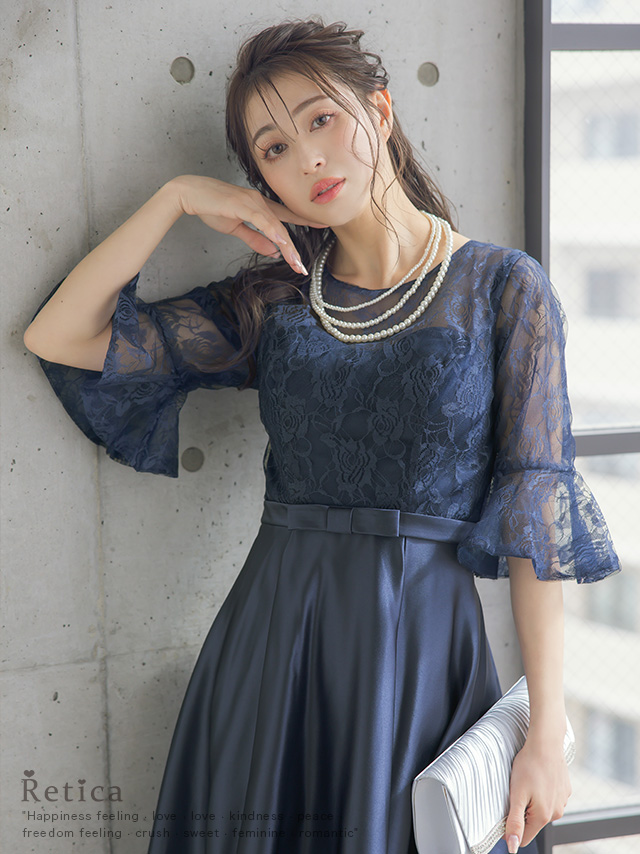 レース×サテンアンブレラスリーブミディアム丈パーティードレスのイメージ画像1
