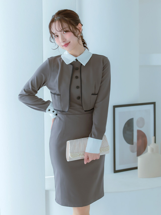  配色襟 長袖 ジャケットセットアップ風ワンピース 二次会 謝恩会のイメージ画像3