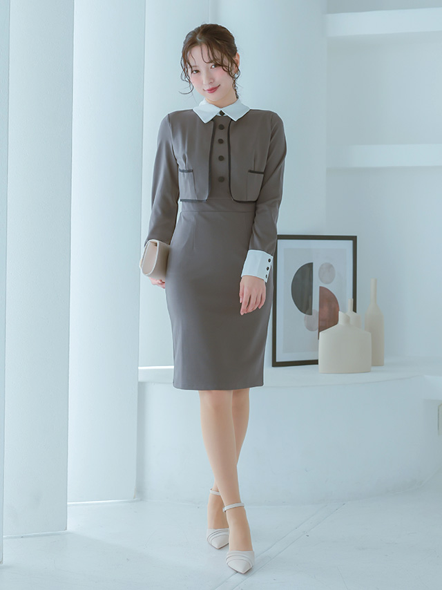  配色襟 長袖 ジャケットセットアップ風ワンピース 二次会 謝恩会のフロント全身