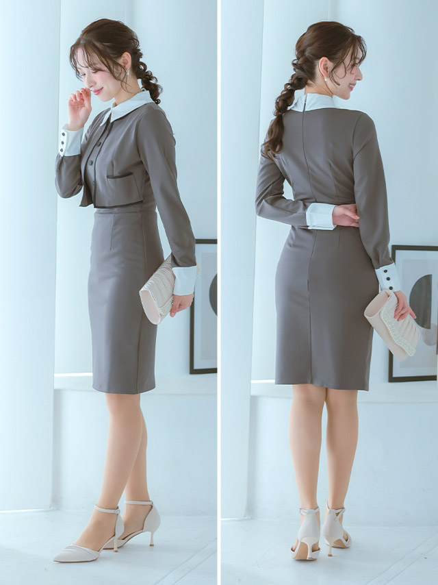 配色襟 長袖 ジャケットセットアップ風ワンピース 二次会 謝恩会のサイドバッグ全身