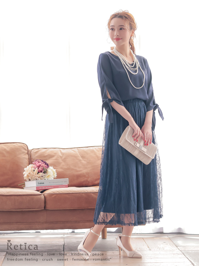 リボン袖デザインレースセパレートロングスカートプチプラパーティードレスのイメージ画像1