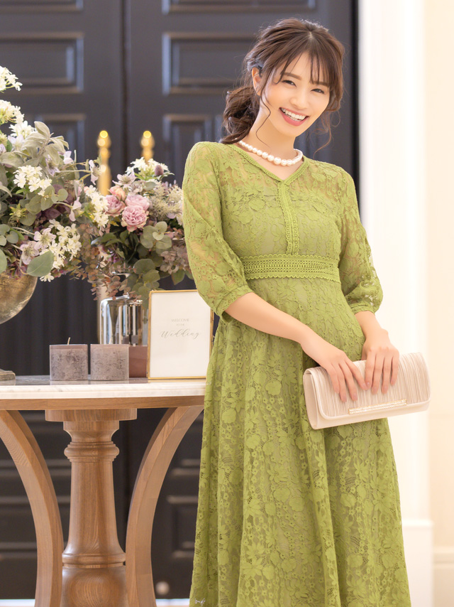 花柄総レース袖ありVネックミモレ丈Aラインスカートパーティードレスのイメージ画像3