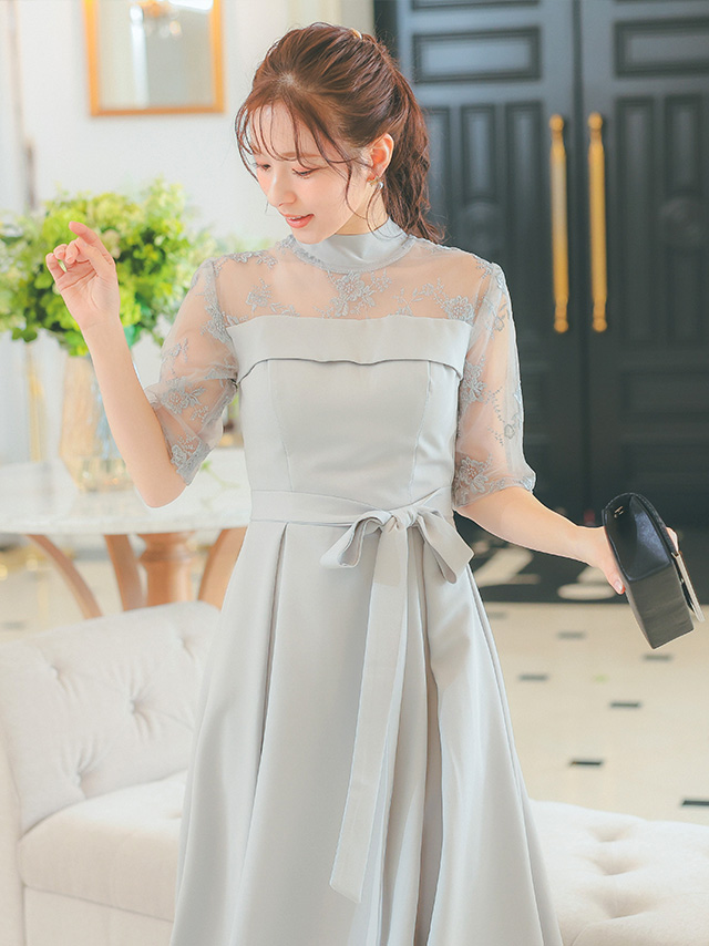 ビスチェ風デザインハイネックレース五分袖ミモレ丈パーティードレスのイメージ画像4