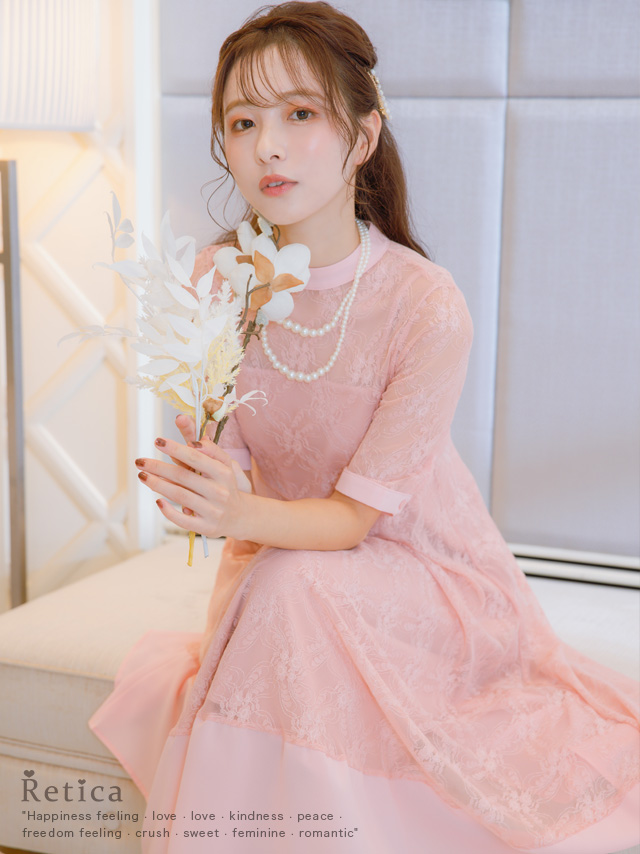 半袖レースレイヤード膝丈ワンピースパーティードレスのイメージ画像1
