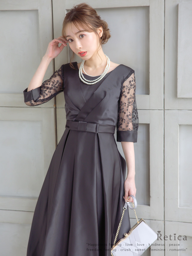 ウエストリボン小花柄シースルー袖ひざ下丈パーティードレスのイメージ画像1