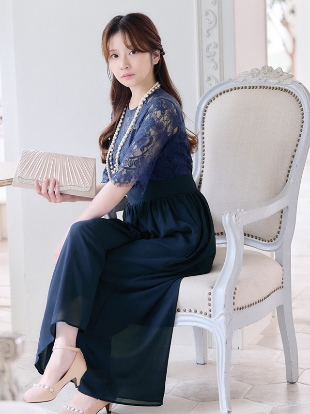 チュールレーストップスウエスト切替シフォンワイドパンツパーティードレスのイメージ画像3