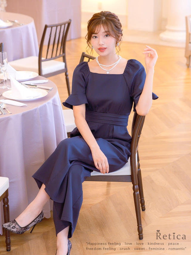 スクエアネックワイドパンツ結婚式パーティードレスのイメージ画像1