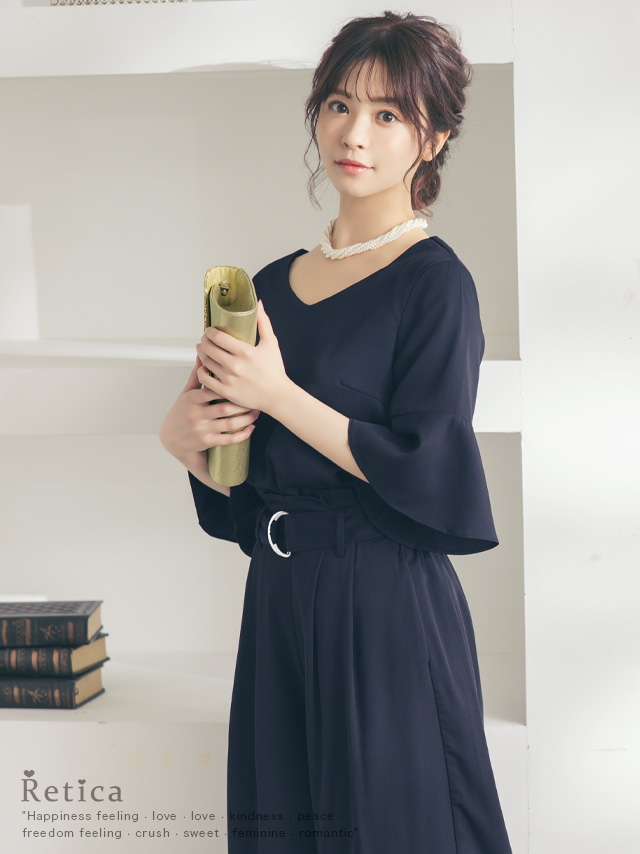 ワイドVネックベルスリーブパンツセットアップパーティードレスのイメージ画像1
