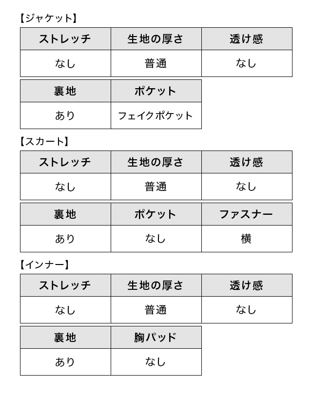 ノーカラージャケット裾フリルトップス膝丈スカート3点セットアップセレモニースーツのサイズ表