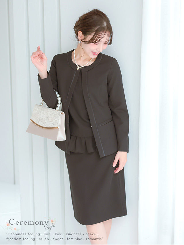 ノーカラージャケット裾フリルトップス膝丈スカート3点セットアップセレモニースーツのイメージ画像1