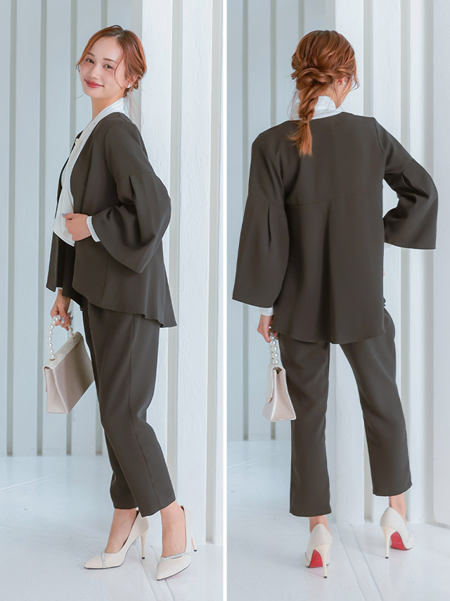 フレアスリーブジャケットテーパードパンツセットアップセレモニースーツのサイドバッグ全身