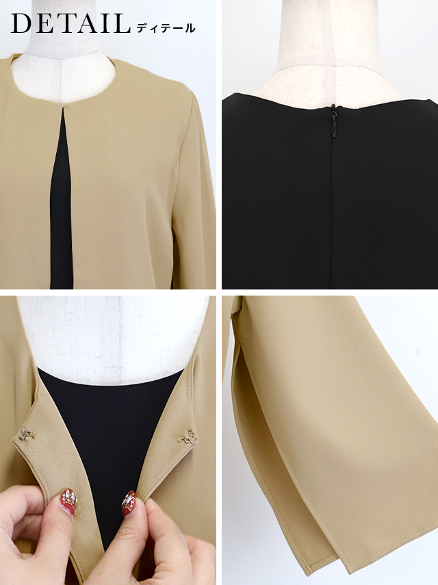 ノーカラー袖スリットジャケット×ノースリーブワンピース セットアップセレモニースーツの商品詳細1