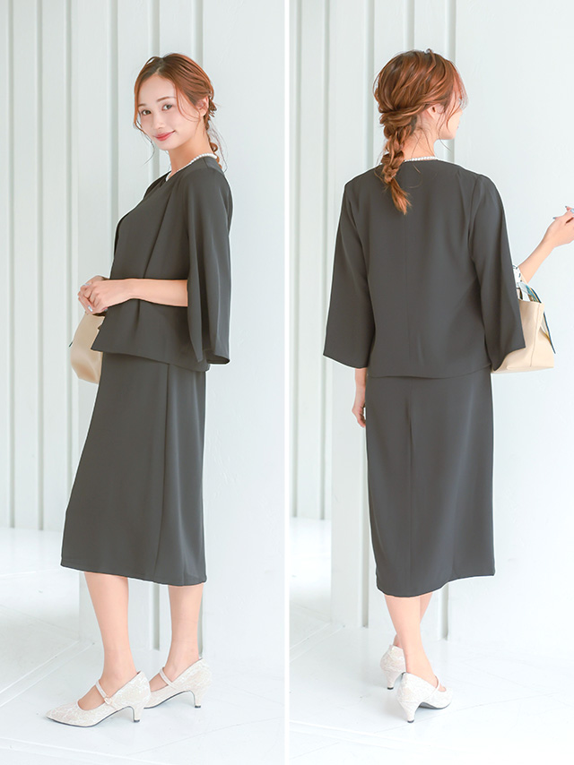 ノーカラー袖スリットジャケット×ノースリーブワンピース セットアップセレモニースーツのサイドバッグ全身
