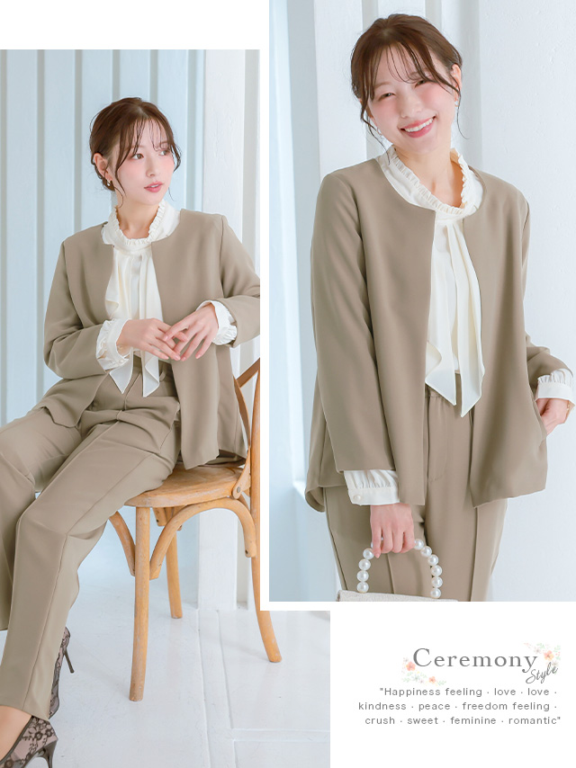 ノーカラージャケット＆ストレートパンツセットアップスーツのイメージ画像2