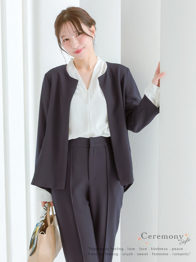 クルーネックジャケット＆ストレートパンツセットアップスーツのイメージ画像1