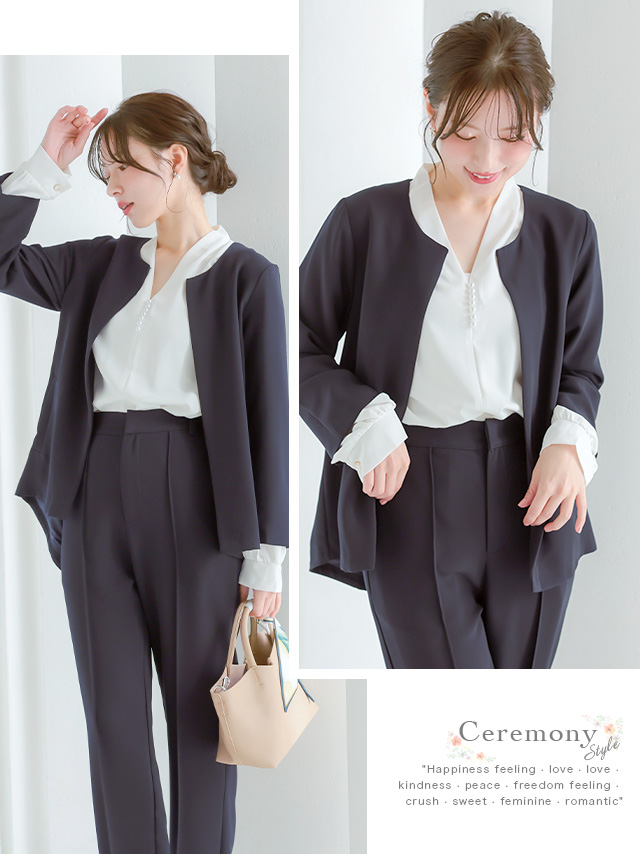 クルーネックジャケット＆ストレートパンツセットアップスーツのイメージ画像2