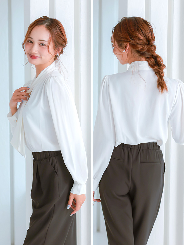 パールタイリング付きボウタイブラウスのサイドバック全身