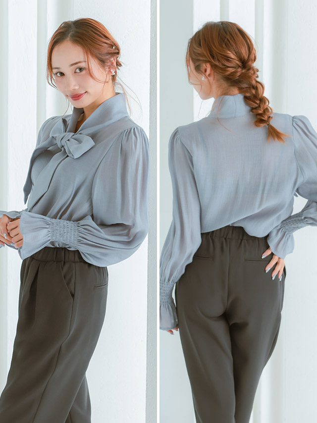 リボンタイ付きシフォンフリルブラウスのサイドバック全身