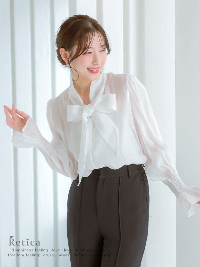 リボンタイ付きシフォンフリルブラウスのイメージ画像2