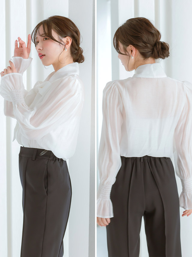 リボンタイ付きシフォンフリルブラウスのサイドバック全身