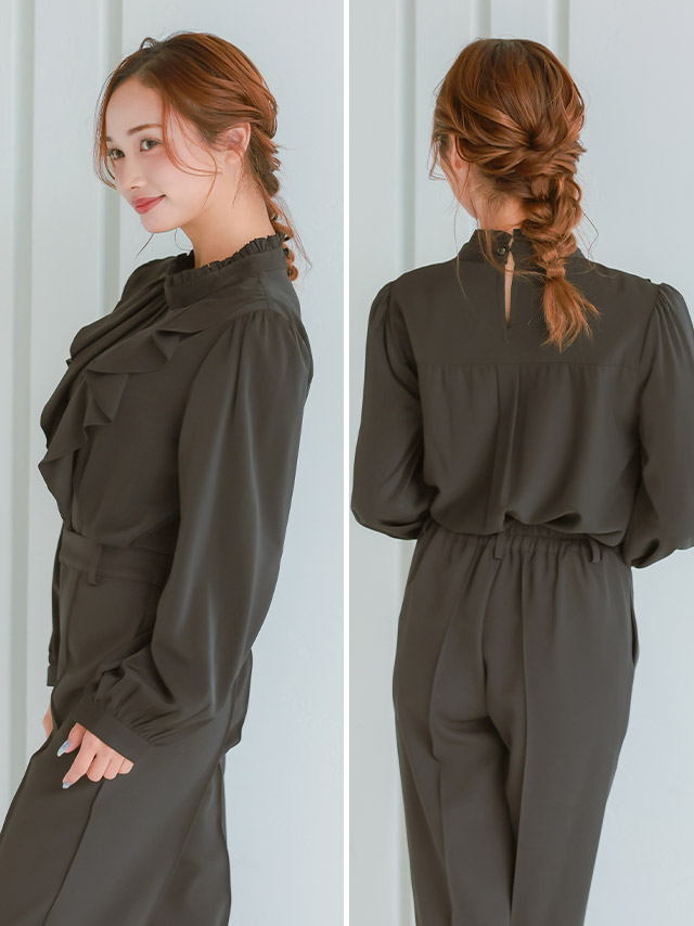 リボンタイ付きシフォンフリルブラウスのサイドバック全身