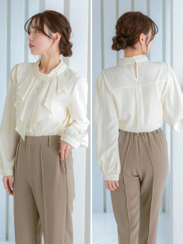 リボンタイ付きシフォンフリルブラウスのサイドバック全身