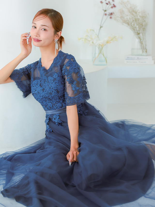 レース袖ありワンカラーシフォンスカートロング丈ワンピースパーティードレスのイメージ画像3