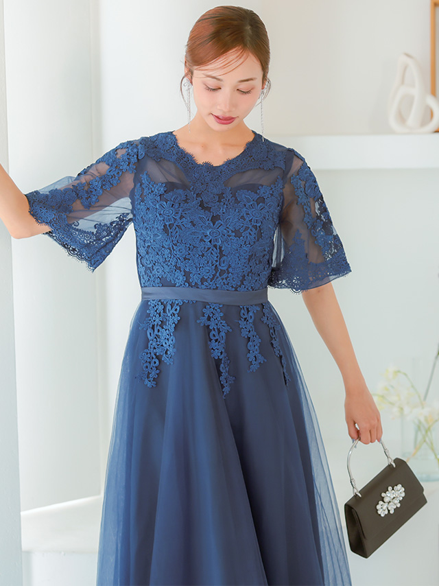 レース袖ありワンカラーシフォンスカートロング丈ワンピースパーティードレスのイメージ画像4