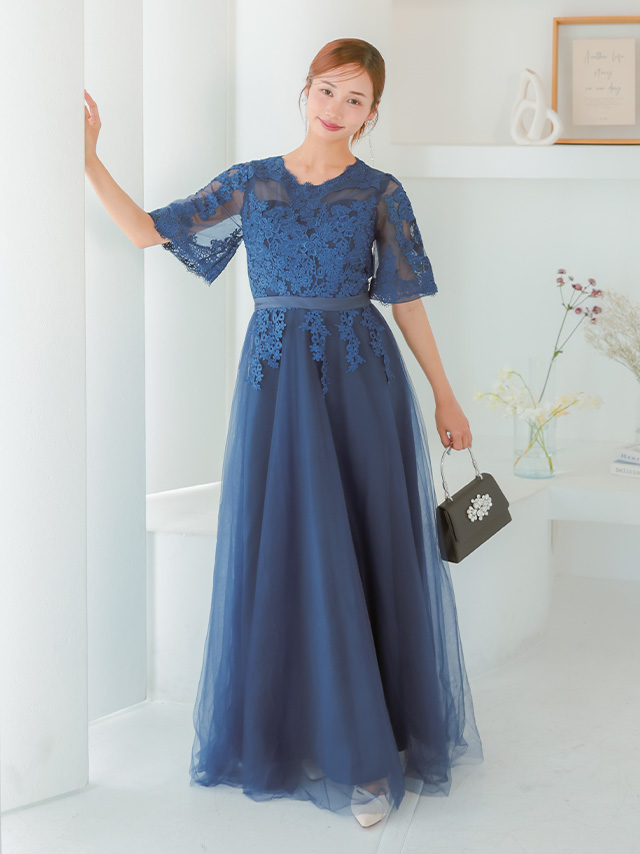 レース袖ありワンカラーシフォンスカートロング丈ワンピースパーティードレスのサイドバッグ全身