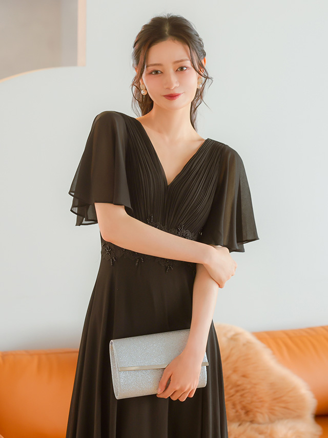 シフォンスリーブ胸元プリーツパーティードレスのイメージ画像3